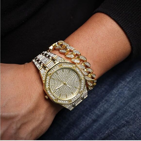 18k Gold Plated Watch and Cuban Link Set - Picture 1 of 4